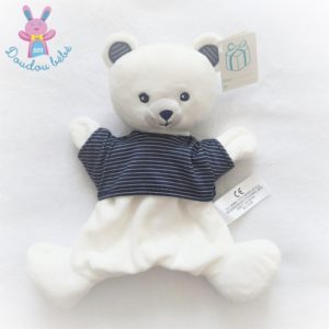 Doudou marionnette Ours blanc t-shirt rayé bleu marine SIMBA KIABI