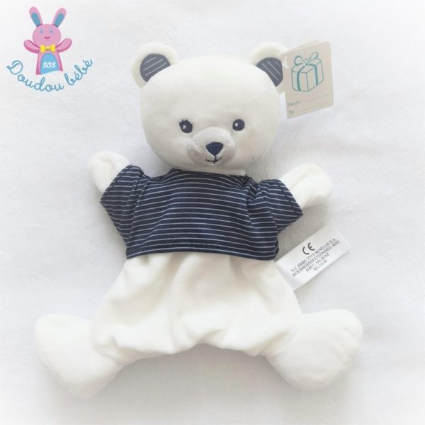 Doudou marionnette Ours blanc et rayé bleu marine SIMBA