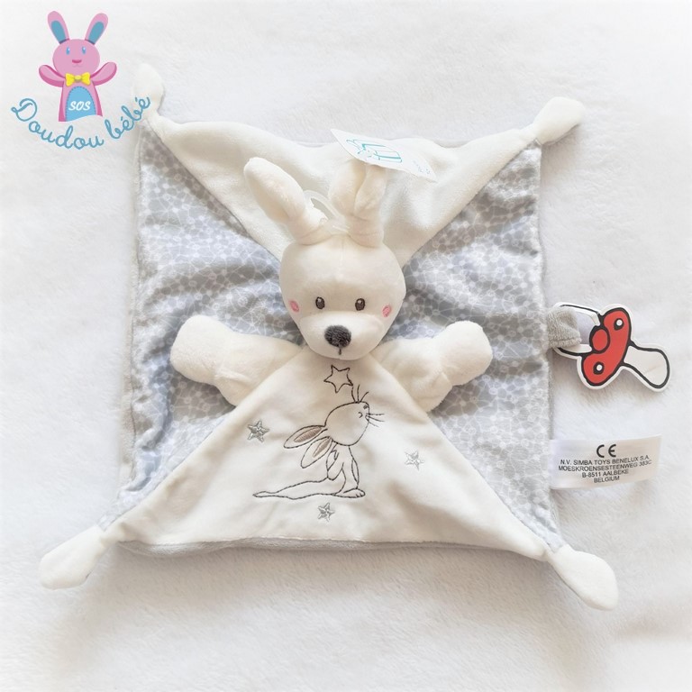 Doudou plat Lapin gris blanc étoiles attache tétine SIMBA