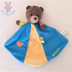 Doudou plat Petit Ours brun grelot bleu jaune marron JEMINI