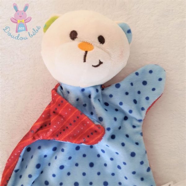 Doudou plat Ours grelot bleu pois et rouge rayé LA NINA – Image 2