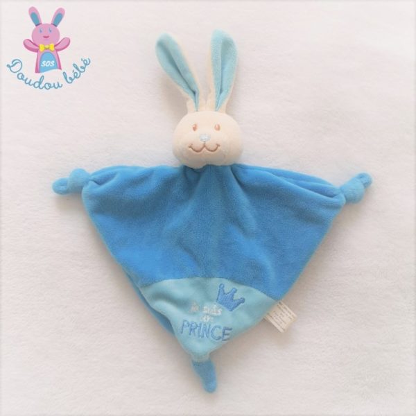Doudou plat Lapin bleu blanc "Je suis un Prince" BABOU