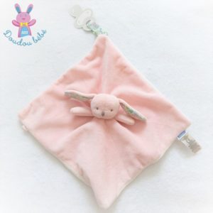 Doudou plat Lapin rose blanc fleurs attache tétine JACADI