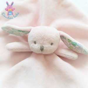 Doudou plat Lapin rose blanc fleurs attache tétine JACADI