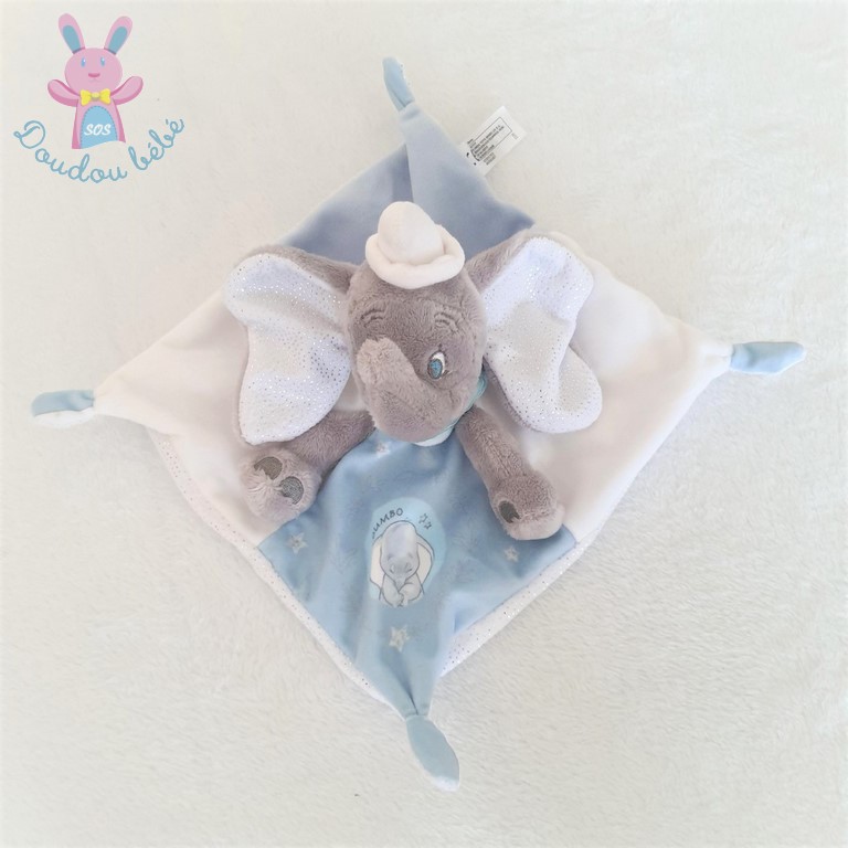 Doudou plat éléphant Dumbo gris bleu blanc argenté DISNEY