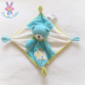 Doudou plat Ours bleu blanc vert polaire MOTS D’ENFANTS