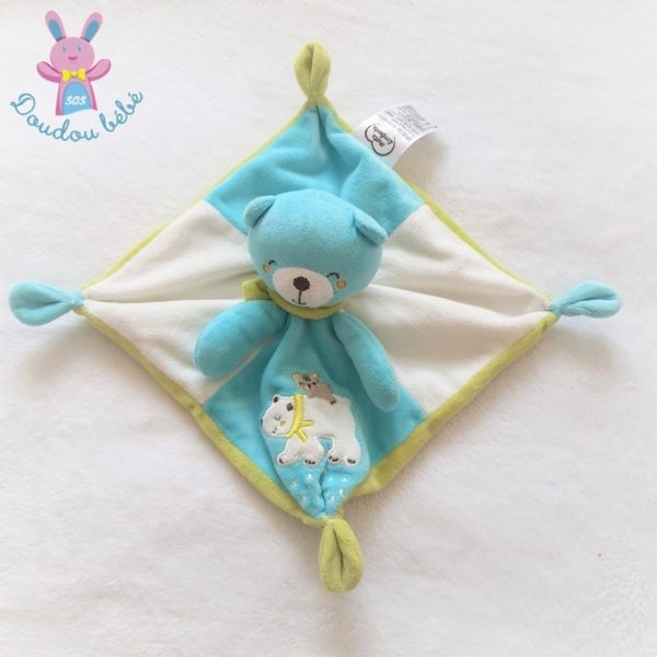 Doudou plat Ours bleu vert blanc MOTS D'ENFANTS