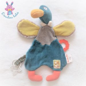 Doudou plat Canard Les Cousins bleu vert dentition MOULIN ROTY