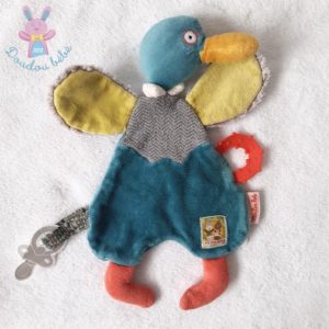 Doudou plat Canard Les Cousins bleu vert dentition MOULIN ROTY