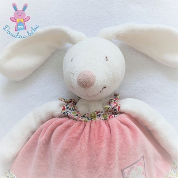 Doudou Lapin Myrtille et Capucine rose blanc fleurs robe MOULIN ROTY – Image 2