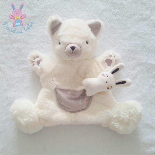 Doudou Chat Renard marionnette blanc gris poche Lapin SIMBA – Image 2
