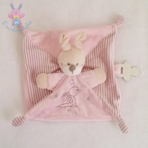 Doudou plat Lapin rose rayé étoiles attache tétine SIMBA