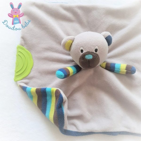 Doudou plat Ours grelot gris taupe rayé bleu vert dentition ORCHESTRA – Image 2