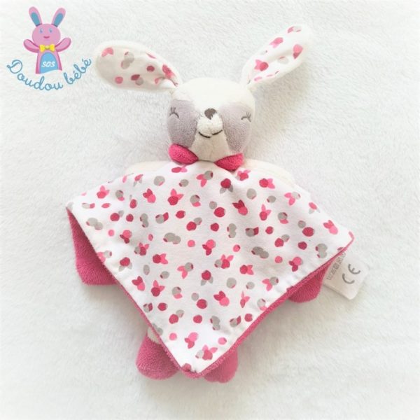 Doudou plat Lapin blanc rose framboise OBAIBI