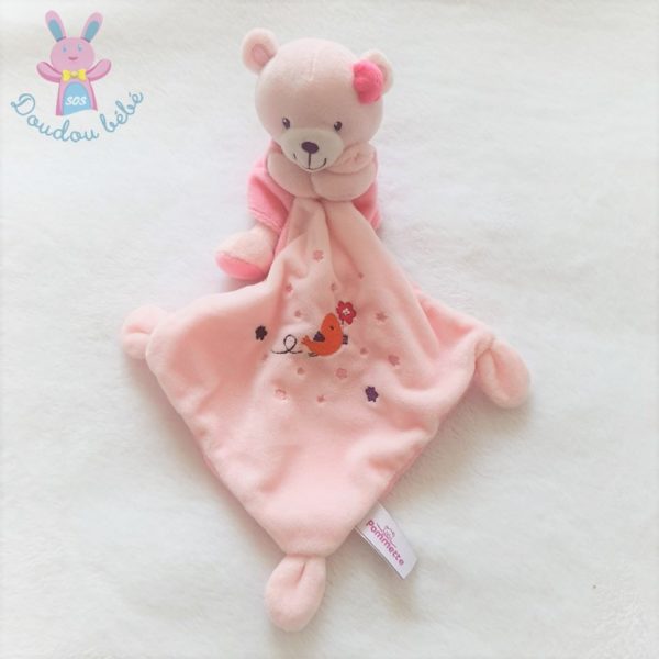 Doudou Ours mouchoir rose oiseau POMMETTE