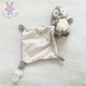 Mon doudou Pingouin gris blanc mouchoir attache tétine TEX