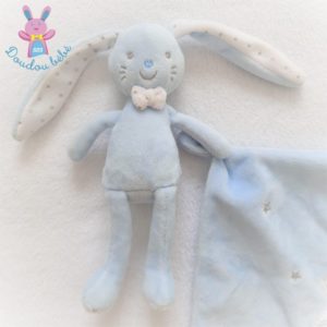 Doudou Lapin bleu blanc mouchoir étoiles argent TEX BABY