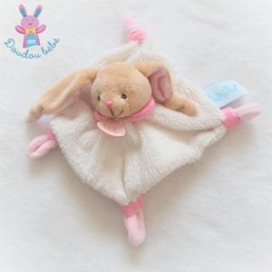 Doudou plat Lapin carré blanc rose et beige BABY NAT