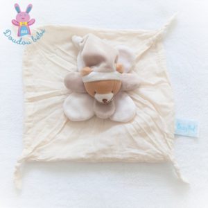 Doudou plat Ours lange de coton beige et blanc BABY NAT