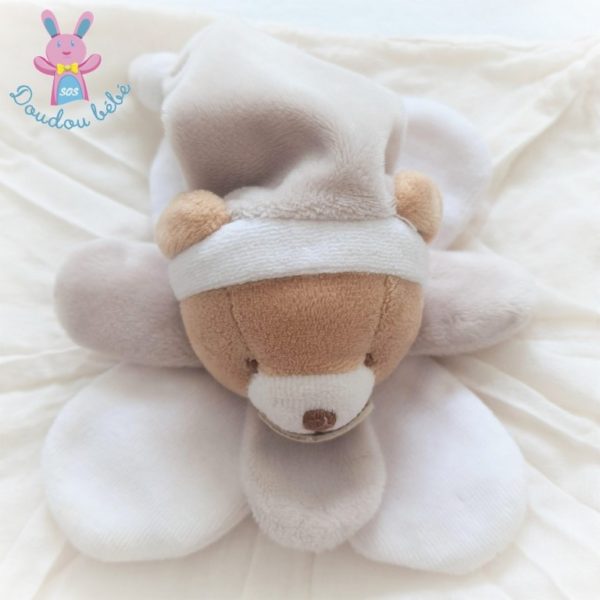 Doudou plat Ours lange de coton beige et blanc BABY NAT – Image 2