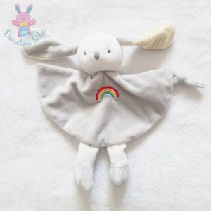 Doudou plat Lapin gris blanc arc en ciel TOM & KIDDY