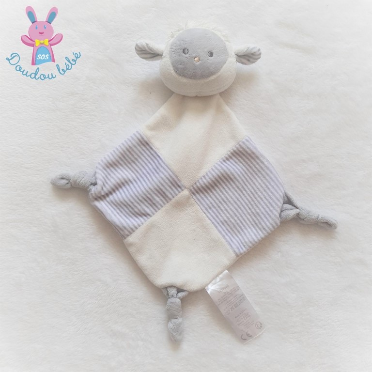 Doudou plat Mouton grelot blanc gris rayé TOM & KIDDY