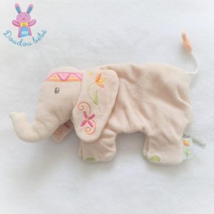 Doudou plat éléphant beige Indou fleurs papier froissé Prémaman