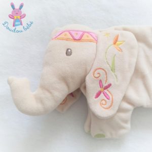 Doudou plat éléphant beige Indou fleurs papier froissé Prémaman