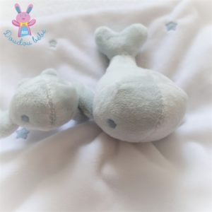 Doudou plat Baleine et bébé blanc bleu étoiles SERGENT MAJOR