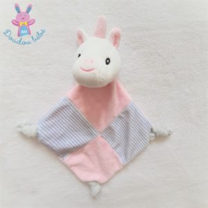 Doudou plat Licorne grelot rose blanc rayé gris TOM & KIDDY