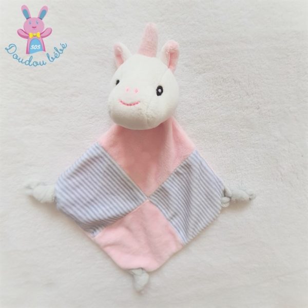 Doudou plat Licorne grelot rose blanc rayé gris TOM & KIDDY – Image 2