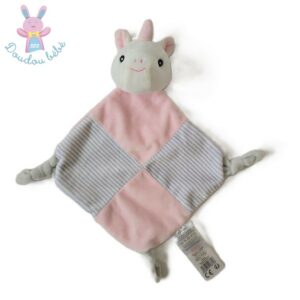 Doudou plat Licorne grelot rose blanc rayé gris TOM & KIDDY