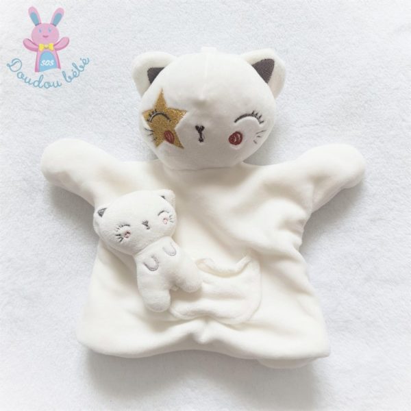 Doudou marionnette Chat et poche bébé blanc étoile SIMBA