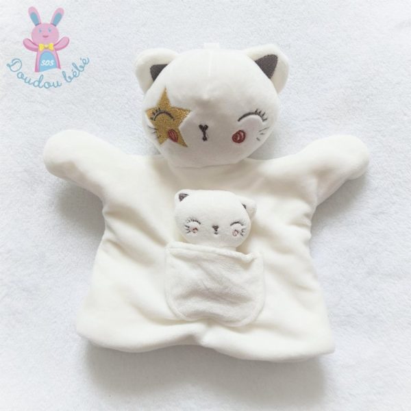 Doudou marionnette Chat et poche bébé blanc étoile SIMBA