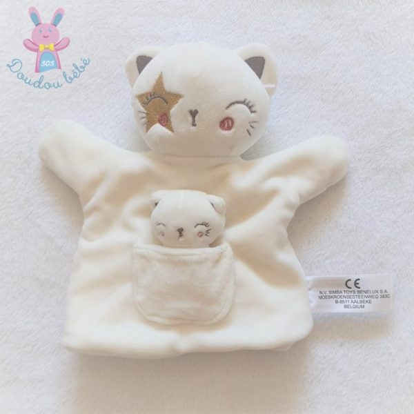 Doudou marionnette Chat et poche bébé blanc étoile SIMBA