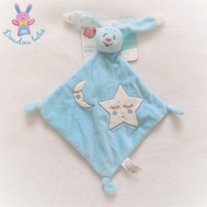 Doudou plat Lapin bleu blanc étoile lune AUCHAN