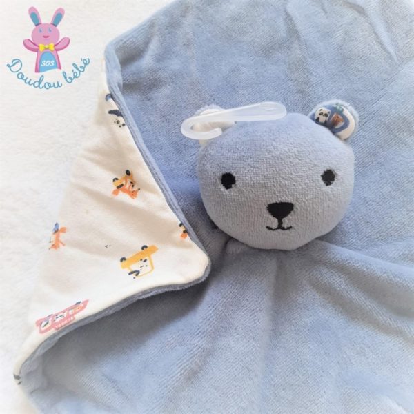 Doudou plat Ours bleu blanc bus voitures BOUT'CHOU MONOPRIX