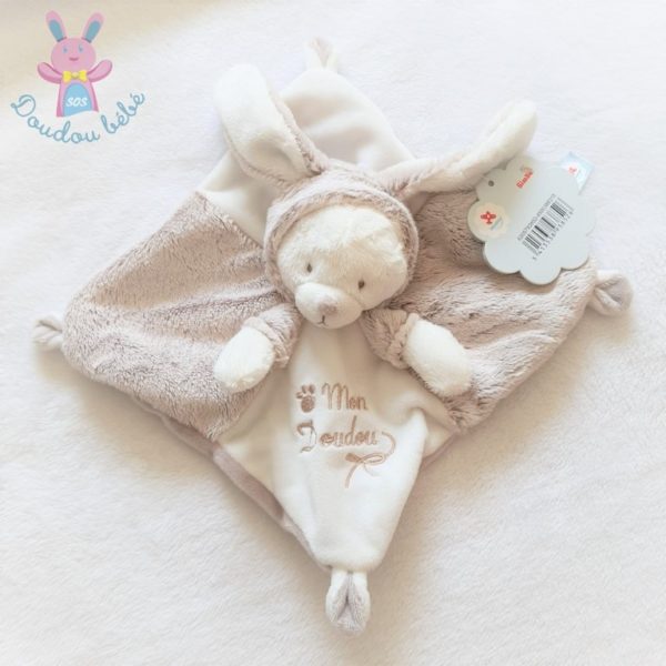 Ours plat "mon doudou" déguisé en Lapin beige chiné blanc NICOTOY