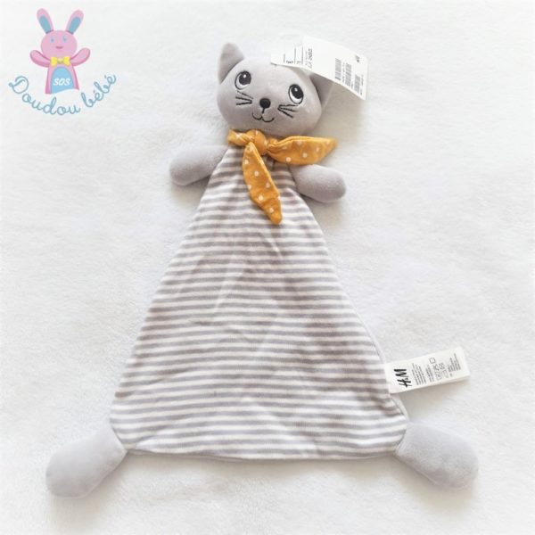 Doudou plat Chat rayé gris blanc foulard jaune à pois H&M