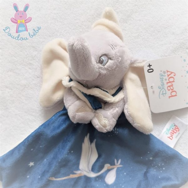 Doudou plat éléphant Dumbo bleu gris blanc cigogne DISNEY