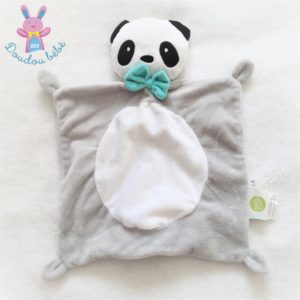 Doudou plat Panda gris blanc noir nœud vert BABY CALIN