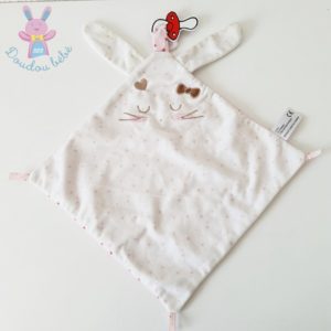 Doudou plat Lapin blanc rose étoiles attache tétine CAD