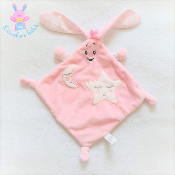 Doudou plat Lapin rose et blanc étoile lune étoile AUCHAN