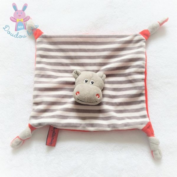 Doudou plat Hippopotame rouge gris blanc rayé LES PETITES MARIES