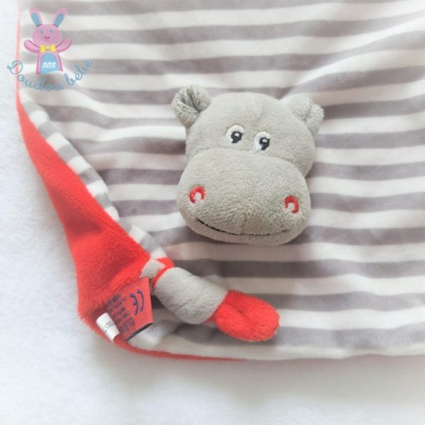 Doudou plat Hippopotame rouge gris blanc rayé LES PETITES MARIES