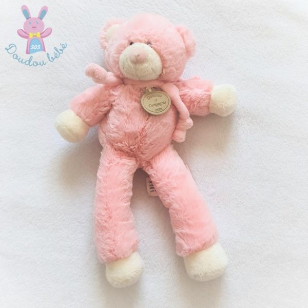 Doudou OURS bonbon fourrure toute douce rose et velours blanc cassé