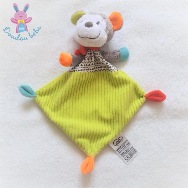 Doudou plat Singe vert gris et coloré MOTS D'ENFANTS