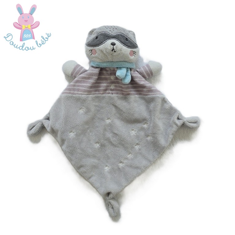 Doudou plat Raton Laveur gris rayé étoiles MOTS D'ENFANTS