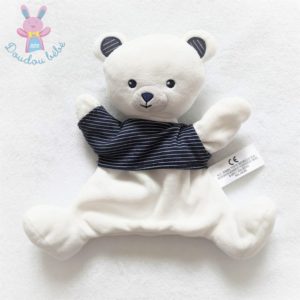 Doudou marionnette Ours blanc t-shirt rayé bleu marine SIMBA KIABI