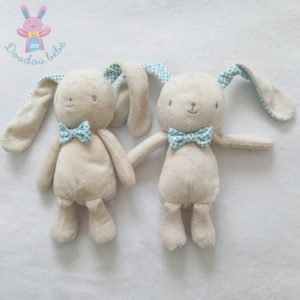 Doudou Lapin beige nœud carreaux bleu blanc Bébé KLORANE (lot de 2)